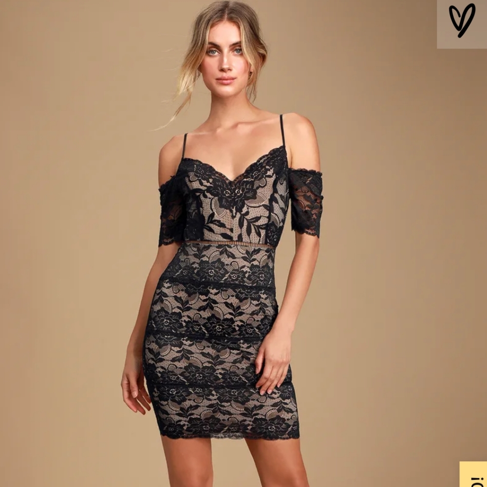 Black Lace Cold Shoulder Bodycon Dress🔥New S